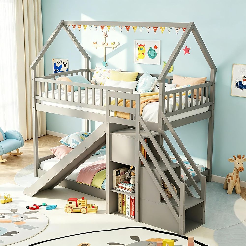 Bunk Bed With Stairs And Slide - سرير بطابقين مزدوج مع منزلق ودرج،