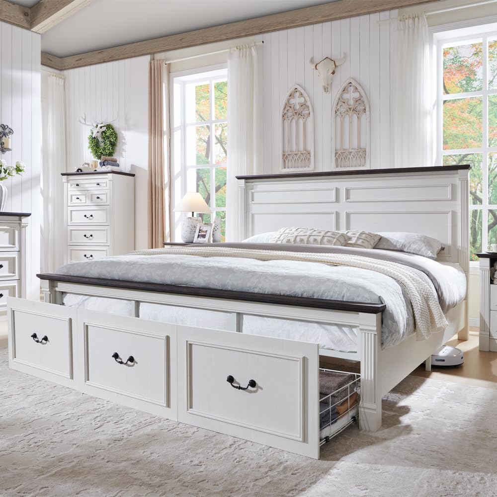 King Size Bed Frame With Storage Drawers - إطار سرير كينج سايز بتصميم ريفي