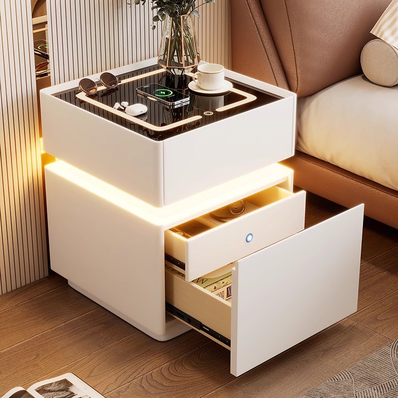Solid Wood Nightstand 2 Drawers - طاولة بجانب السرير الذكية مع ضوء