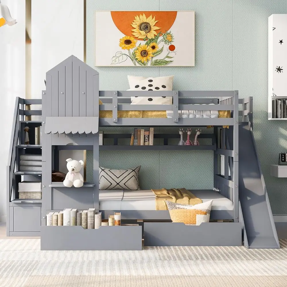 Bunk Bed With Stairs And Slide - سرير بطابقين كامل الحجم مع درجات
