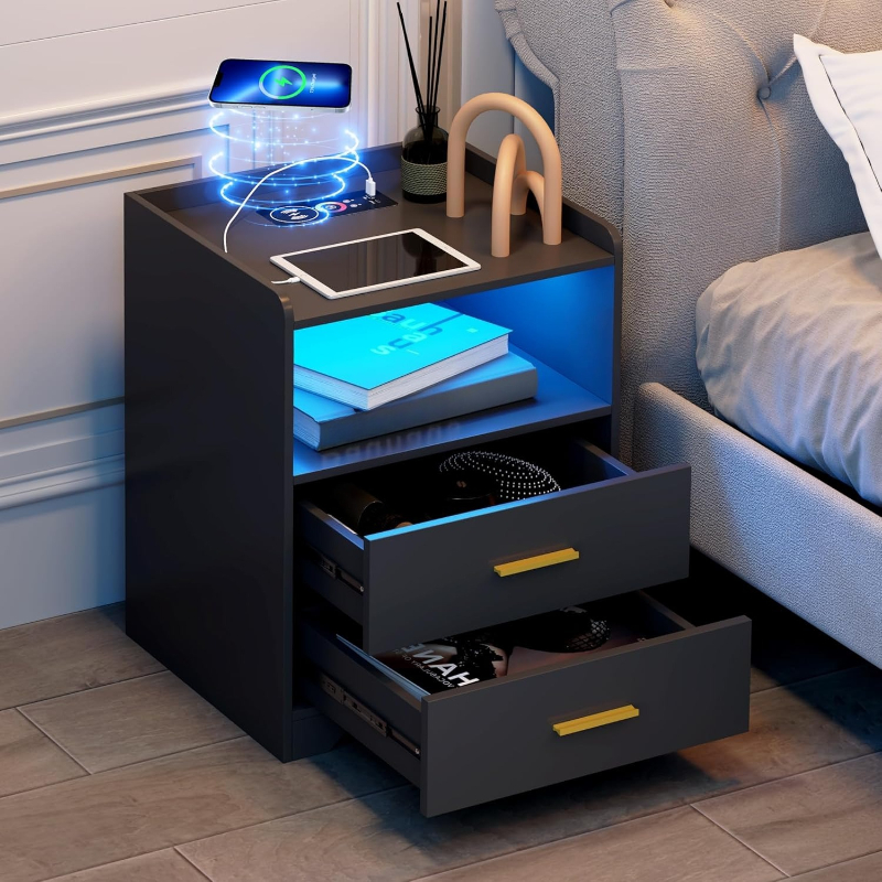 Solid Wood Nightstand 2 Drawers - منضدة LED سوداء مع محطة شحن