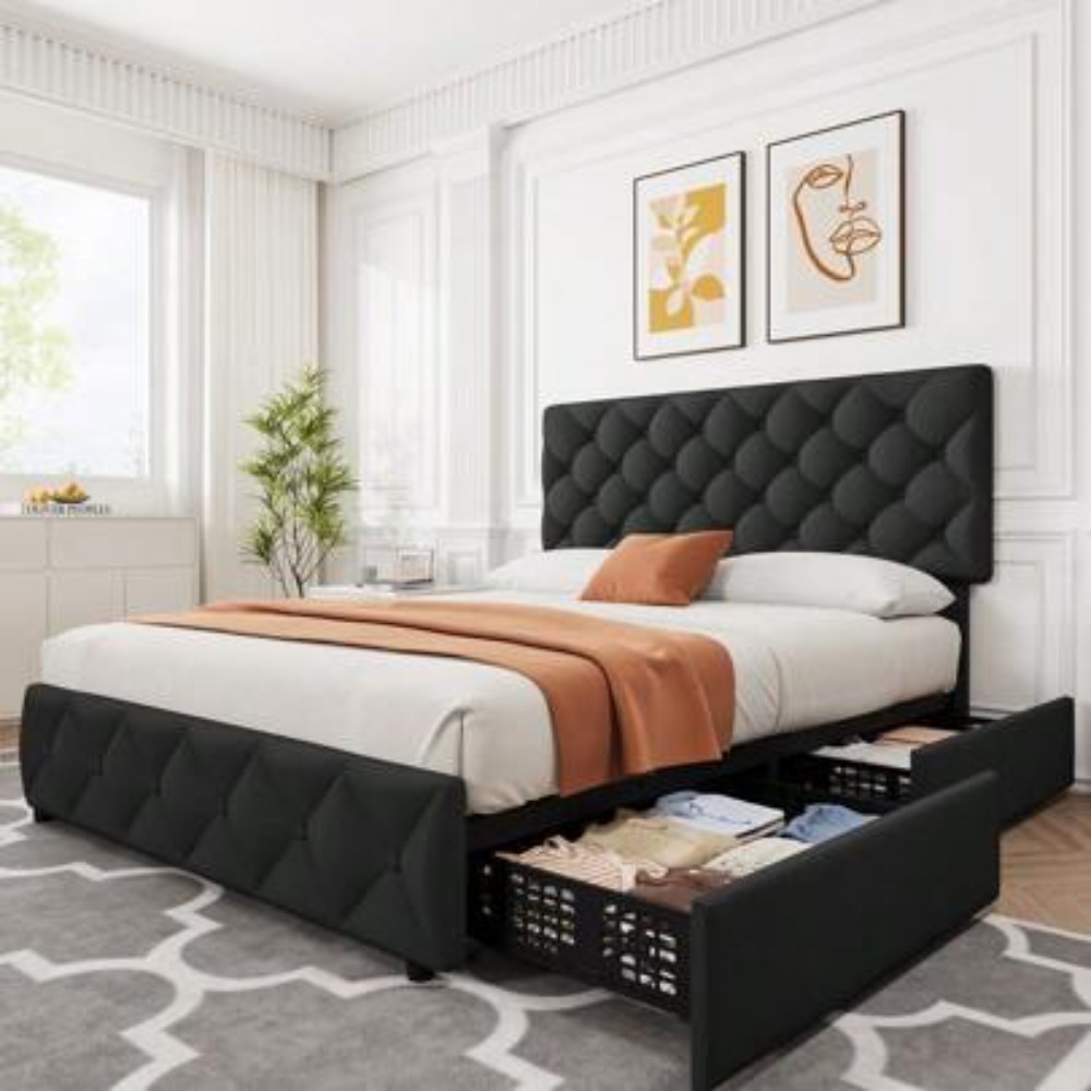 King Size Bed Frame With Storage Drawers - إطار سرير بحجم كوين أو كينج