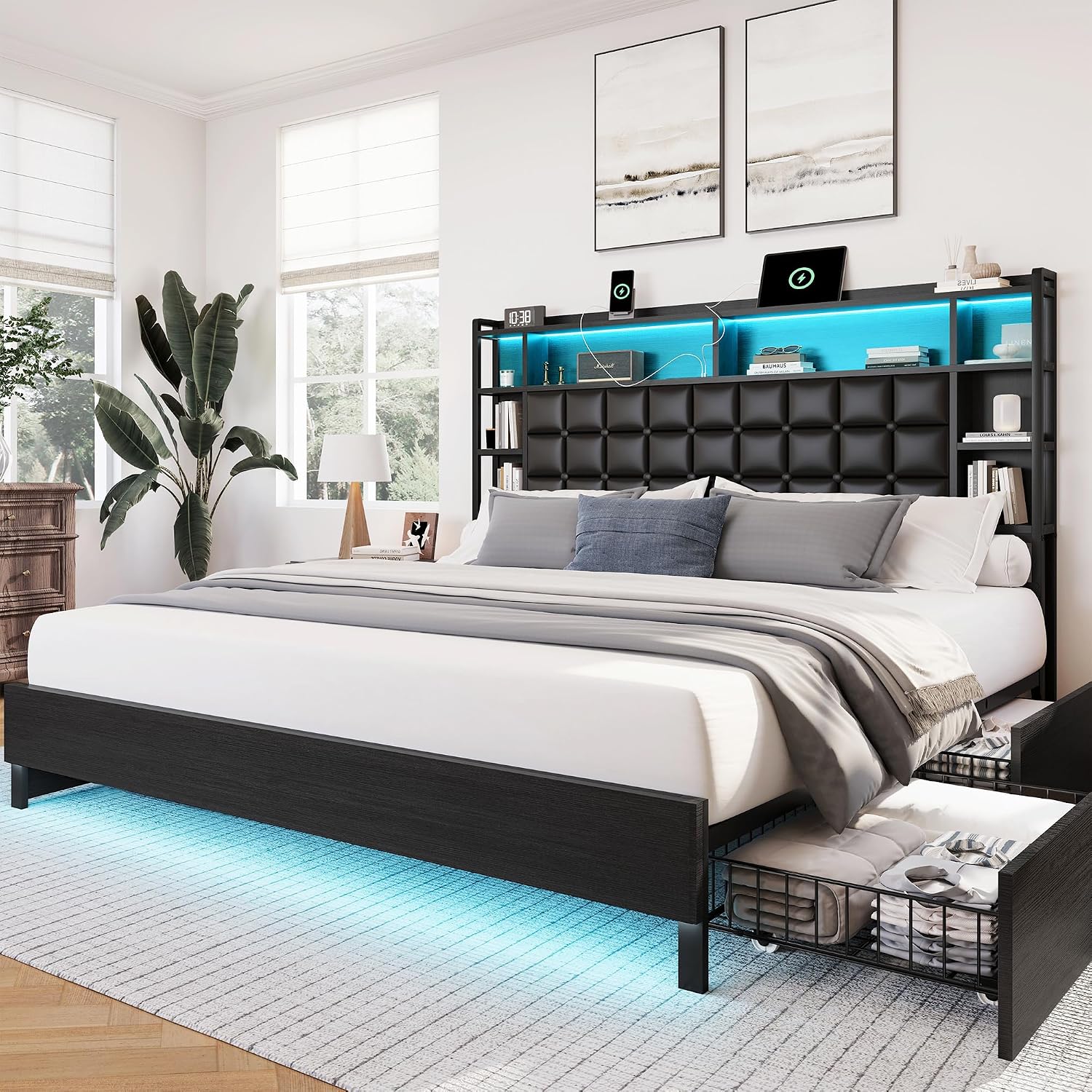 King Size Bed Frame With Storage Drawers - إطار سرير خشبي بحجم كينج مع
