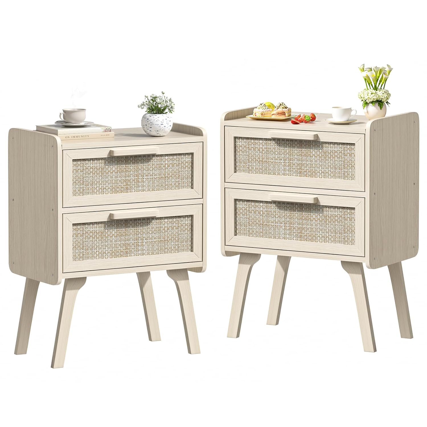 Solid Wood Nightstand 2 Drawers - طقم طاولة جانبية من الروطان مكون