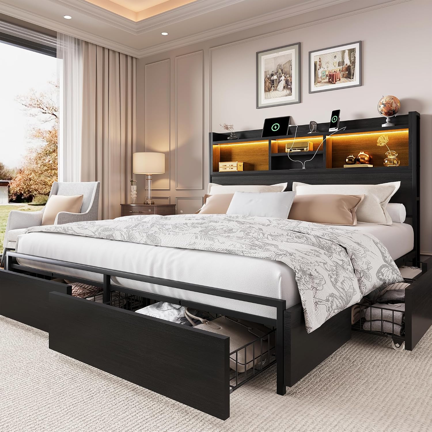 King Size Bed Frame With Storage Drawers - إطار سرير بحجم كينج مع 6