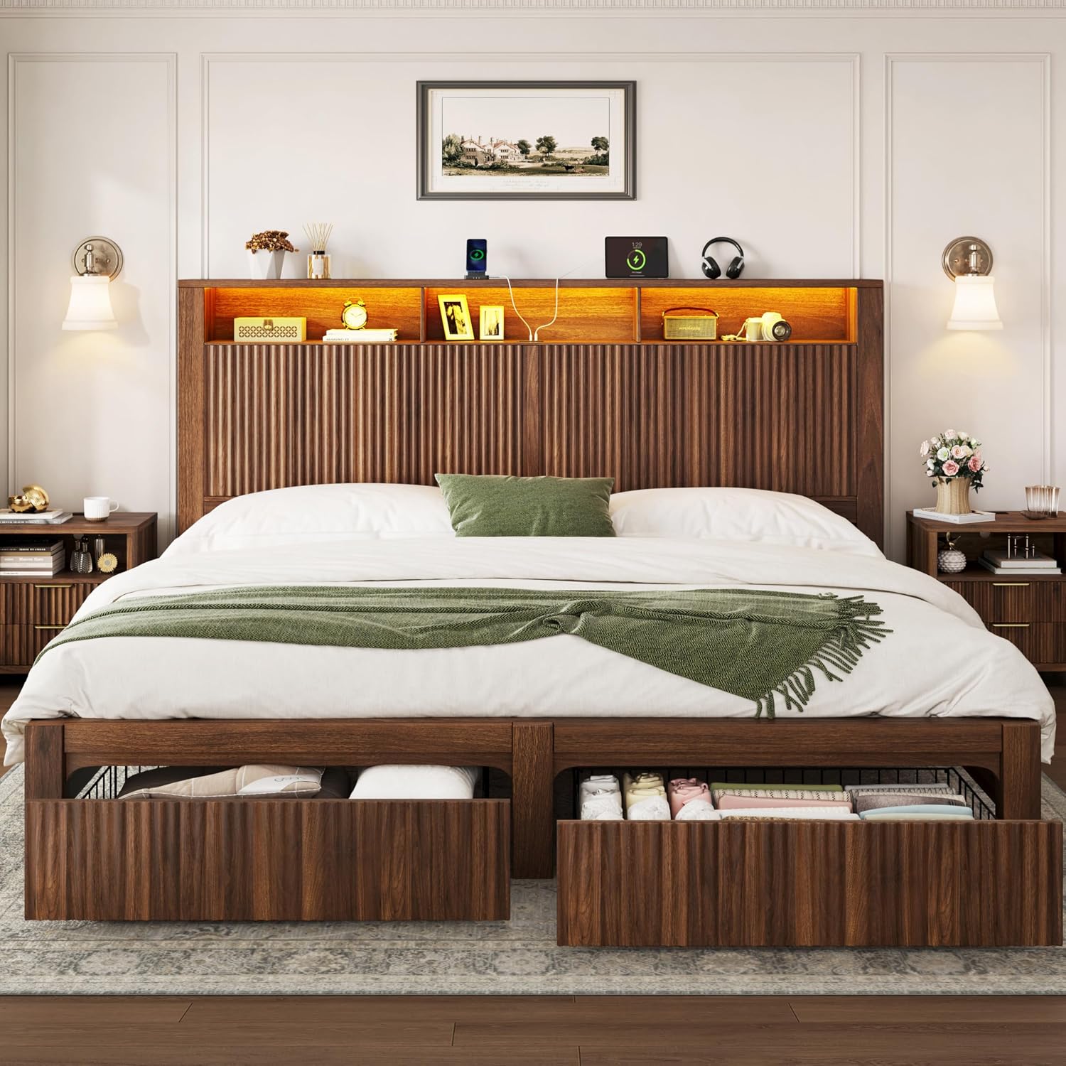 King Size Bed Frame With Storage Drawers - إطار سرير بحجم كينج مع لوح