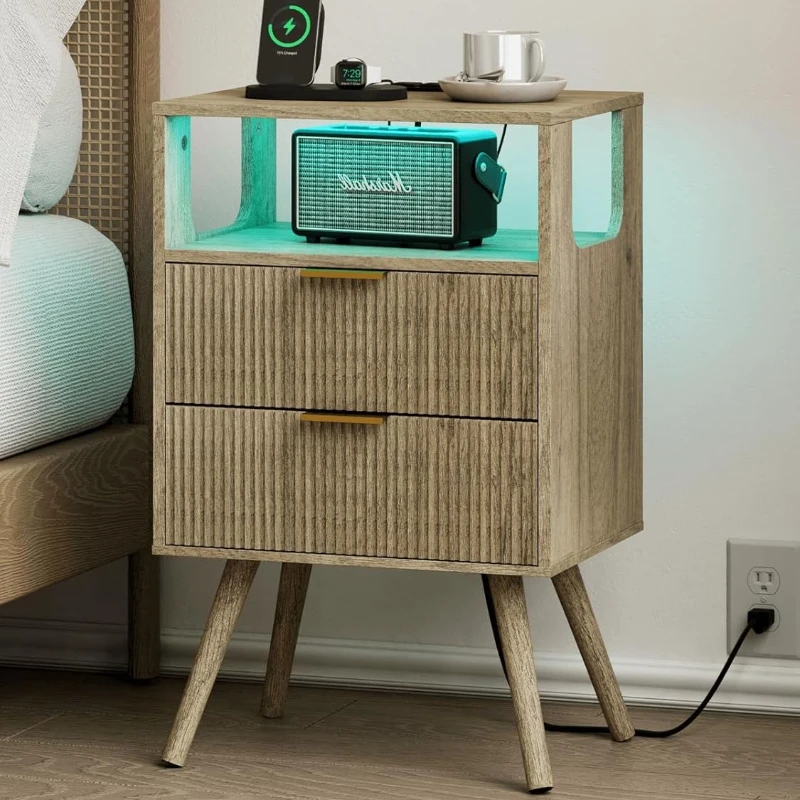 Solid Wood Nightstand 2 Drawers - طاولة جانبية عصرية بدرجين تخزين ورف