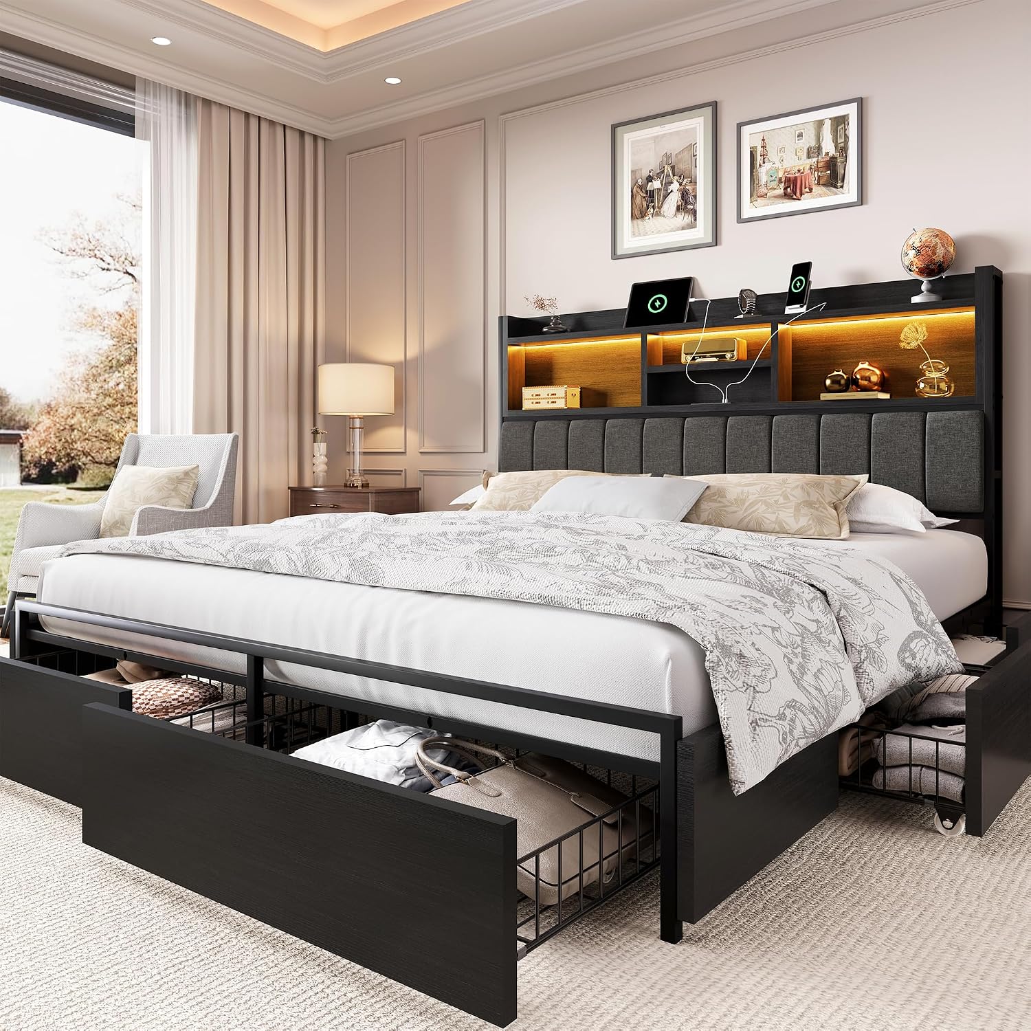 King Size Bed Frame With Storage Drawers - إطار سرير كينج مع 6 أدراج