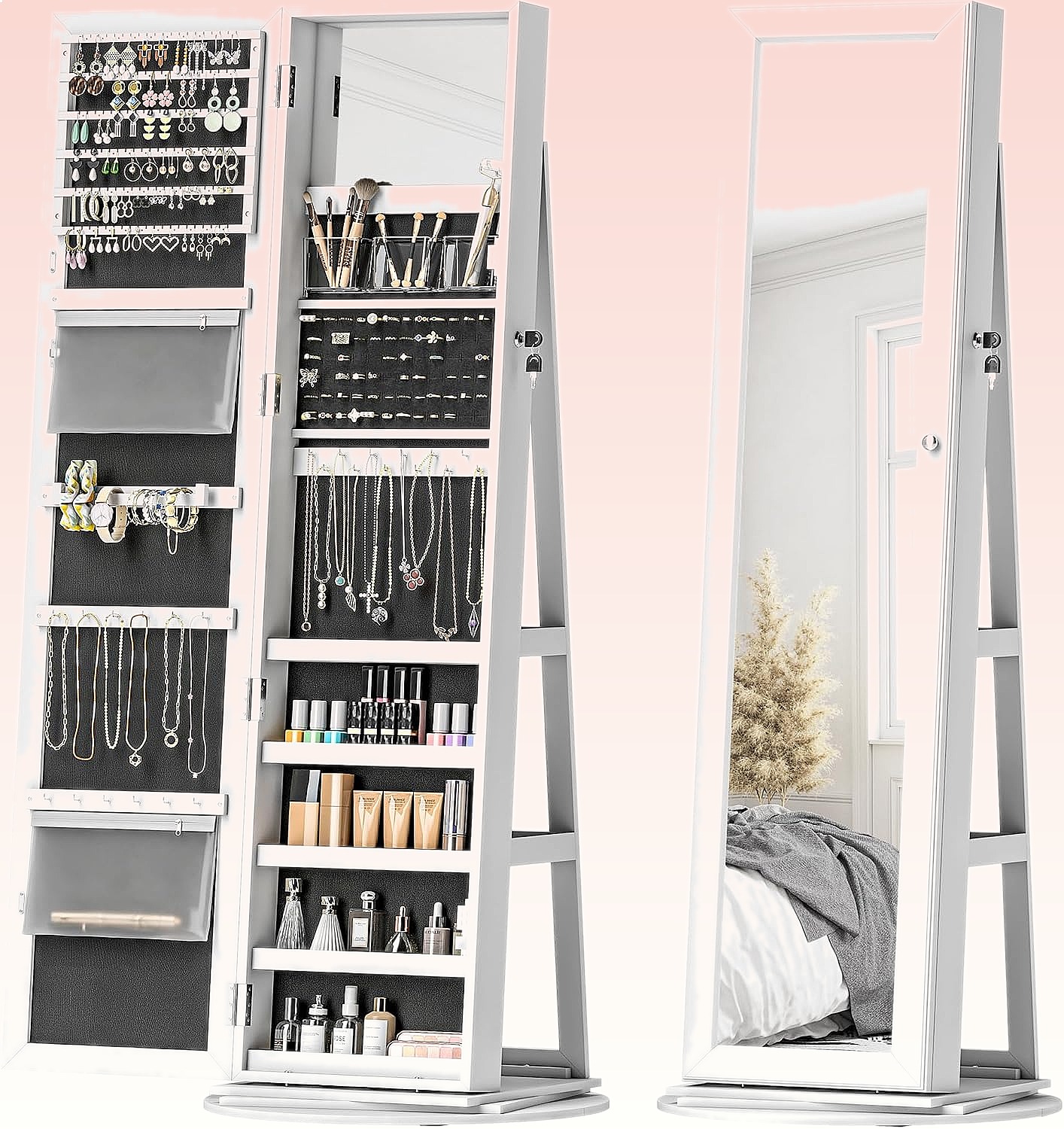 Full Length Mirror Jewelry Armoire - هومكوم 360 ° منظم مجوهرات دوار