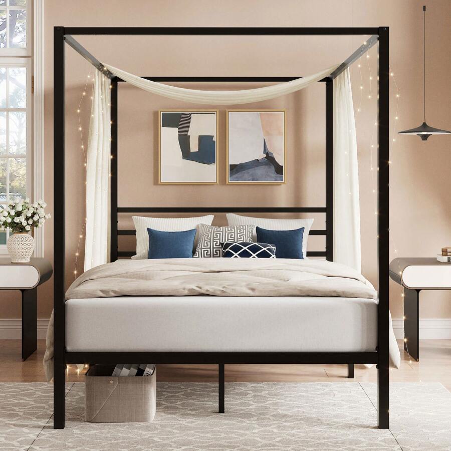 Canopy Bed Frame Metal Queen - إطار سرير معدني أسود مع مظلة،
