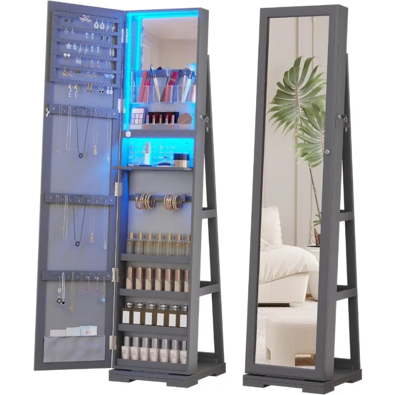Full Length Mirror Jewelry Armoire - خزانة مجوهرات بإضاءة LED مع مرآة