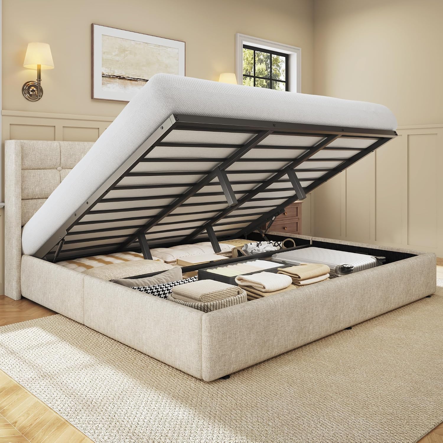 Gas Lift Storage Bed Hydraulic - إطار سرير كينج سايز مع مساحة