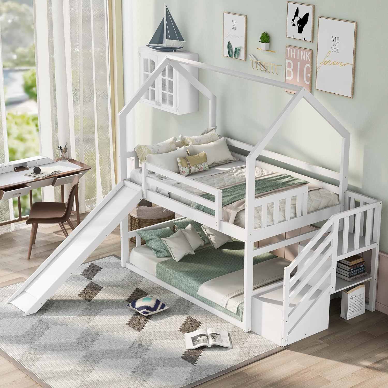 Bunk Bed With Stairs And Slide - سرير بطابقين مزدوج مع سلم وزحليقة،