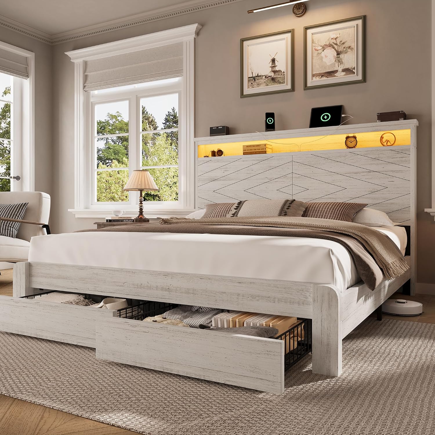King Size Bed Frame With Storage Drawers - إطار سرير خشبي بحجم كينج مع