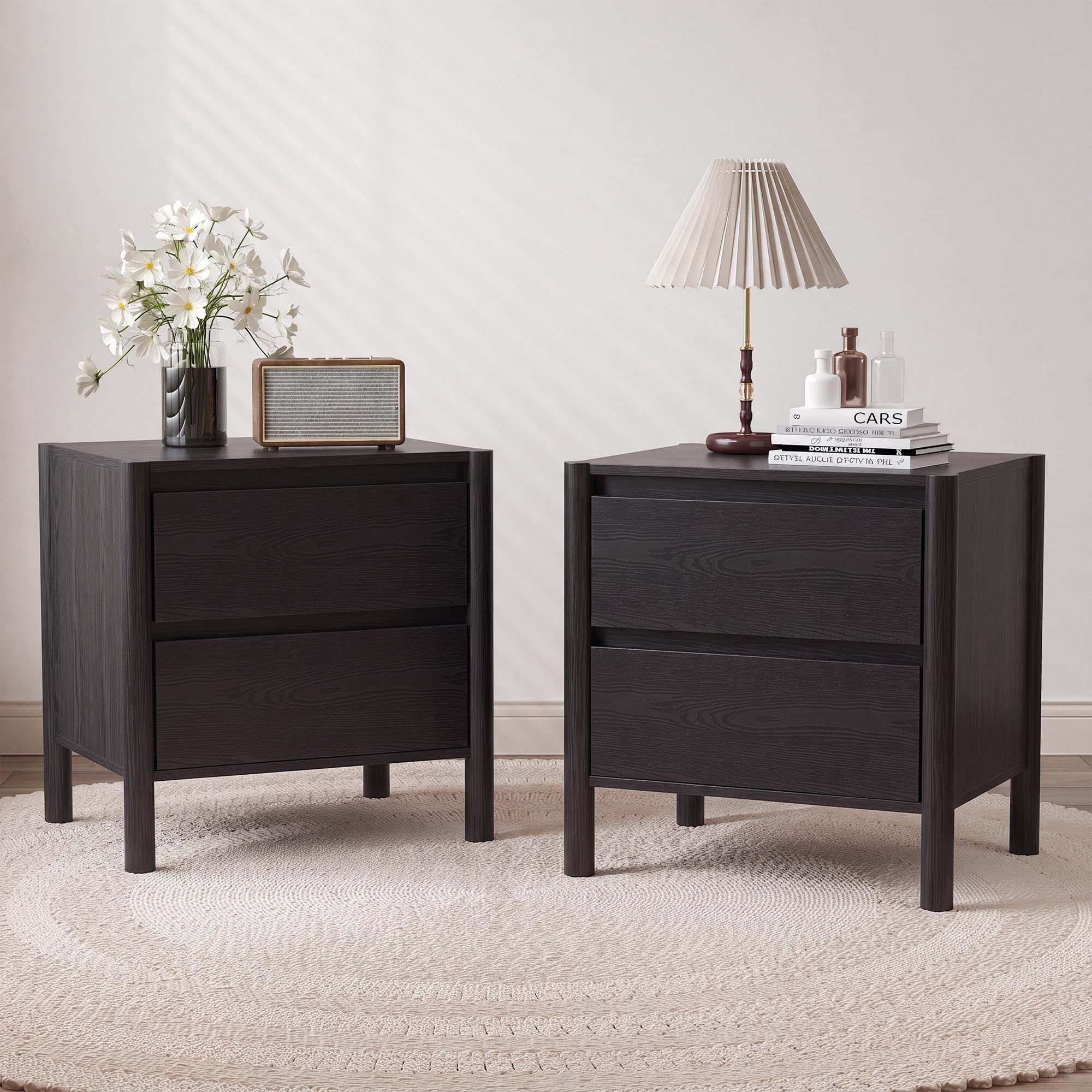 Solid Wood Nightstand 2 Drawers - طاولة سرير جانبية سوداء بتصميم منتصف