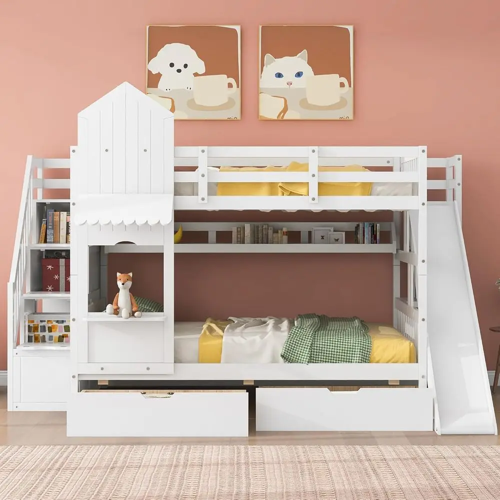 Bunk Bed With Stairs And Slide - سرير أطفال أبيض بطابقين مع منزلق