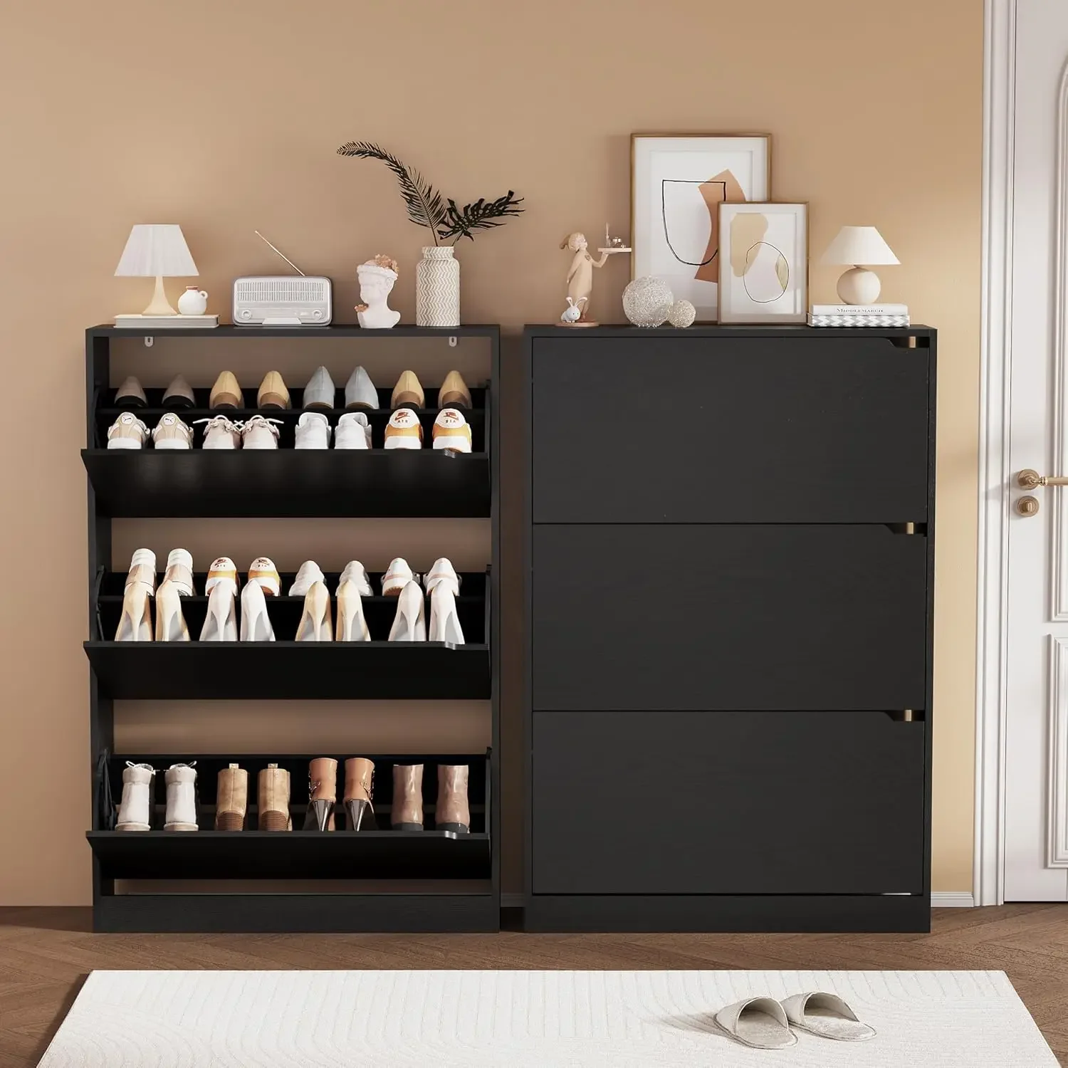 Shoe Rack Cabinet Narrow Entryway - خزانة تخزين الأحذية، منظم أحذية خشبي