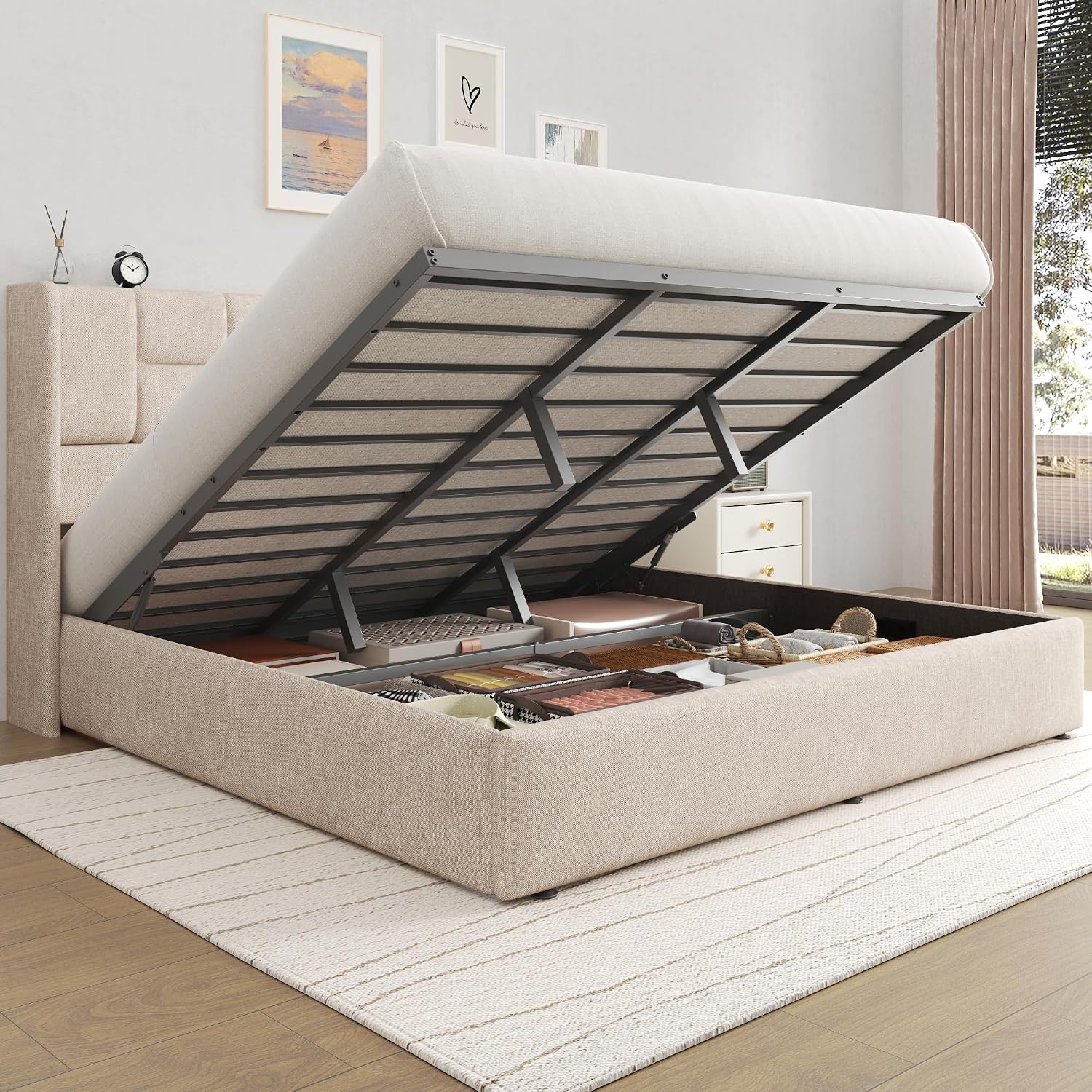 إطار سرير كينج مبطن بالكتان مع - مراجعة Gas Lift Storage Bed Hydraulic وسعره