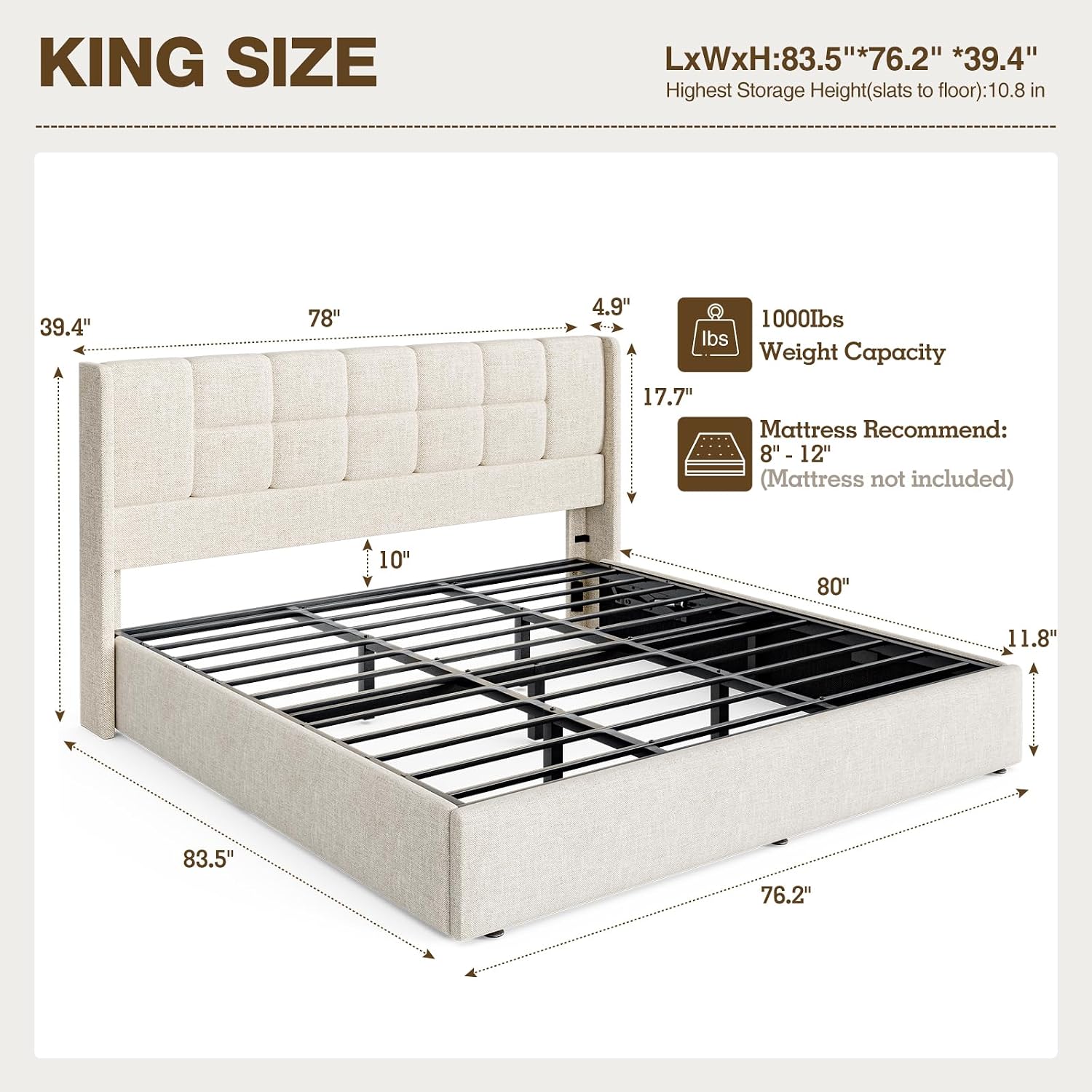 إطار سرير كينج مبطن بالكتان مع - مراجعة Gas Lift Storage Bed Hydraulic وسعره