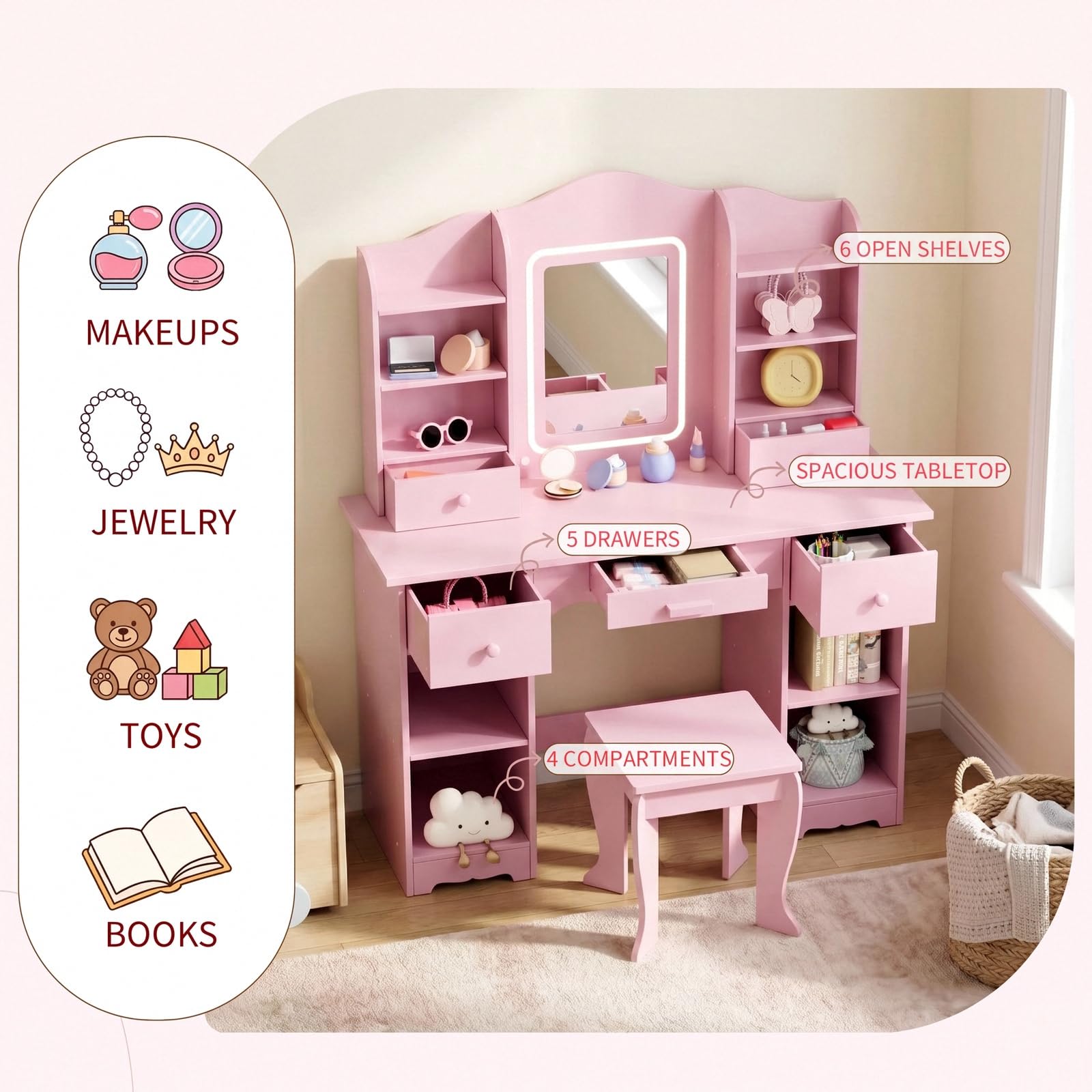 طاولة تجميل للأطفال مع إضاءة ب - مراجعة Dressing Table Vanity With Lighted Mirror وسعره