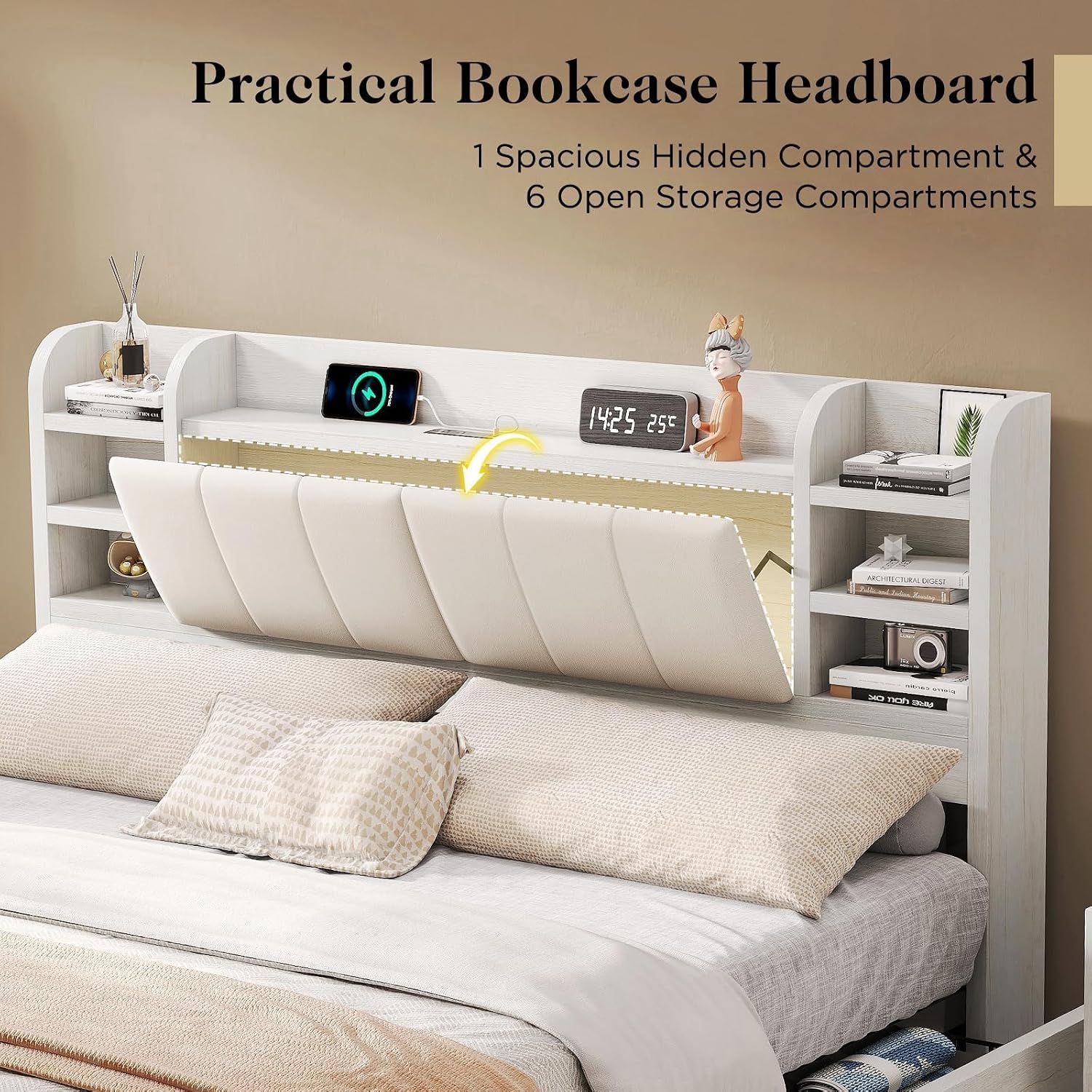سرير بحجم كينج مبطن مع رأس سري - مراجعة King Size Bed Frame With Storage Drawers وسعره