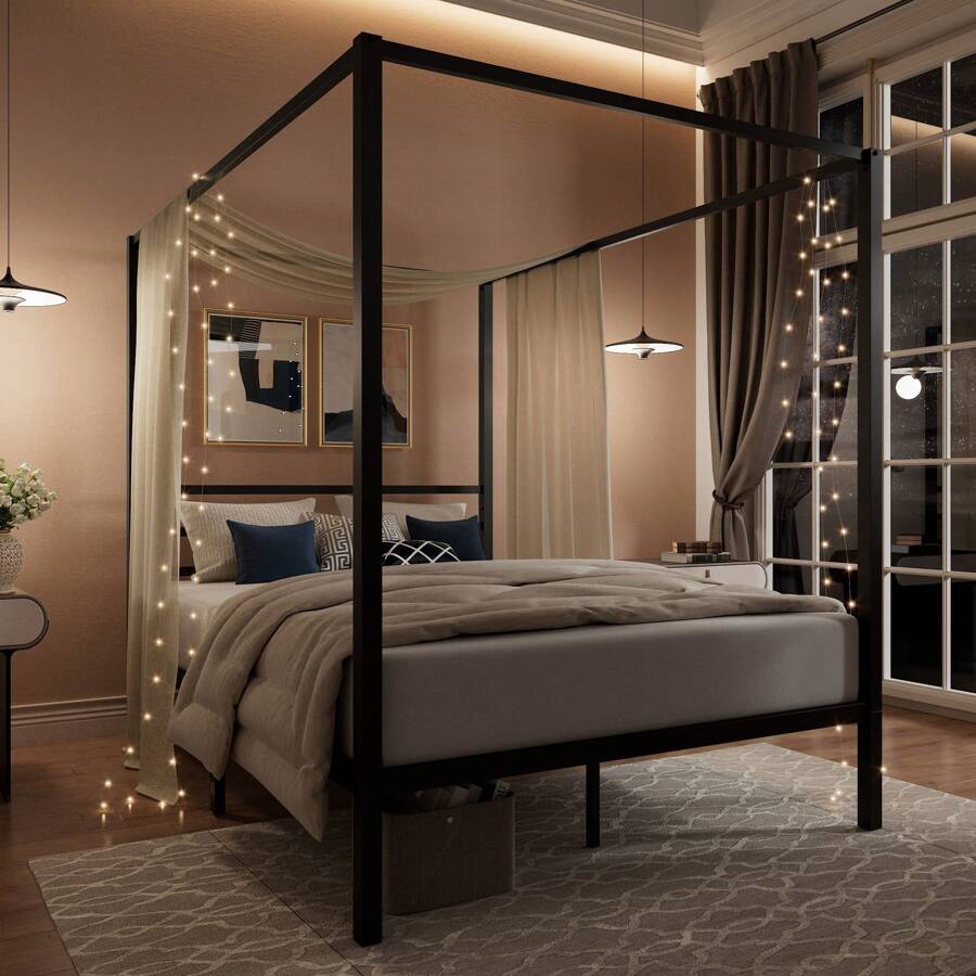 إطار سرير معدني أسود مع مظلة،  - مراجعة Canopy Bed Frame Metal Queen وسعره
