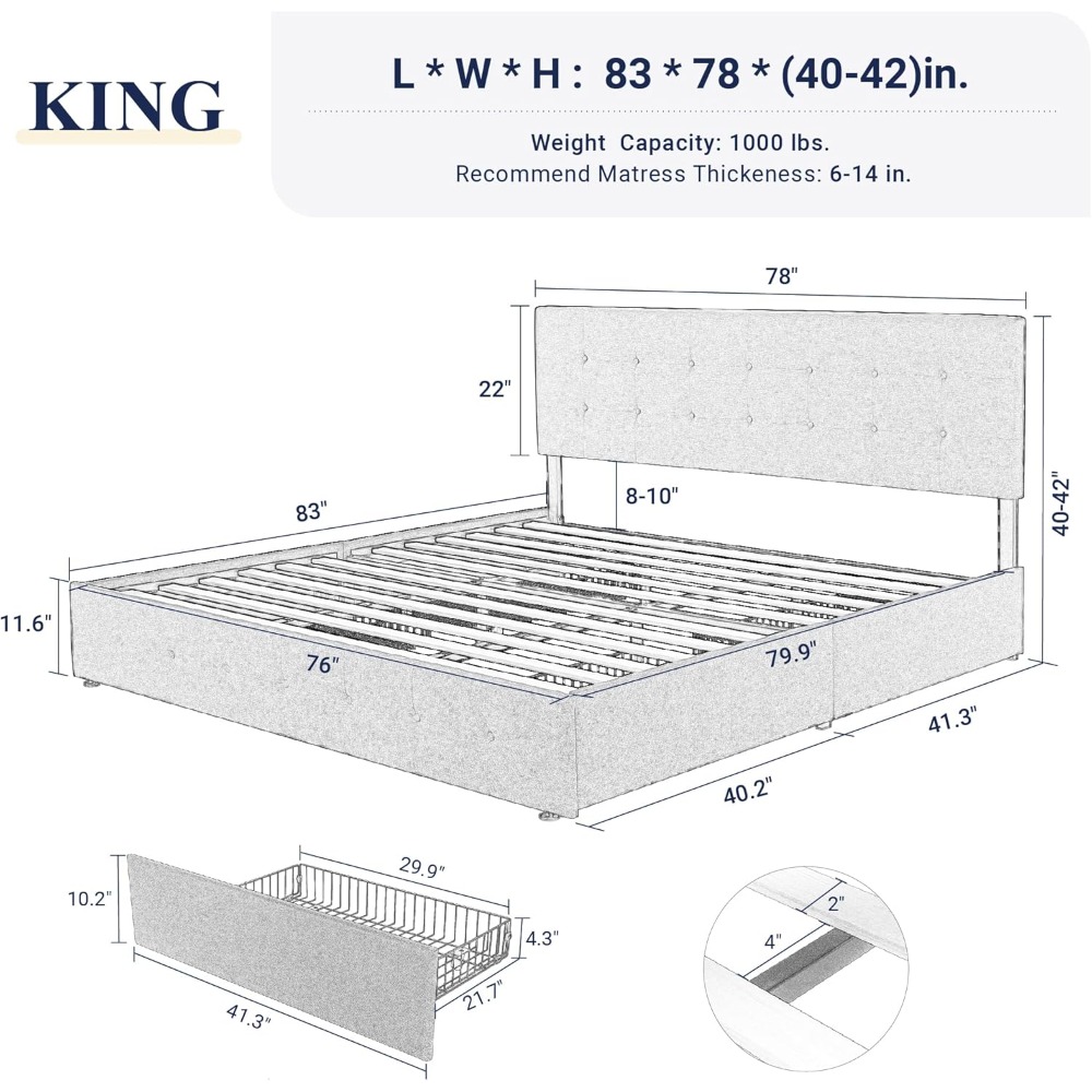 إطار سرير بحجم كينج مع أدراج ت - مراجعة King Size Bed Frame With Storage Drawers وسعره